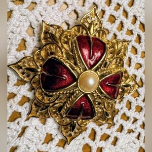 Vintage Monet Brooch Enameled Red Pearlescent Cloissone Gold-tone